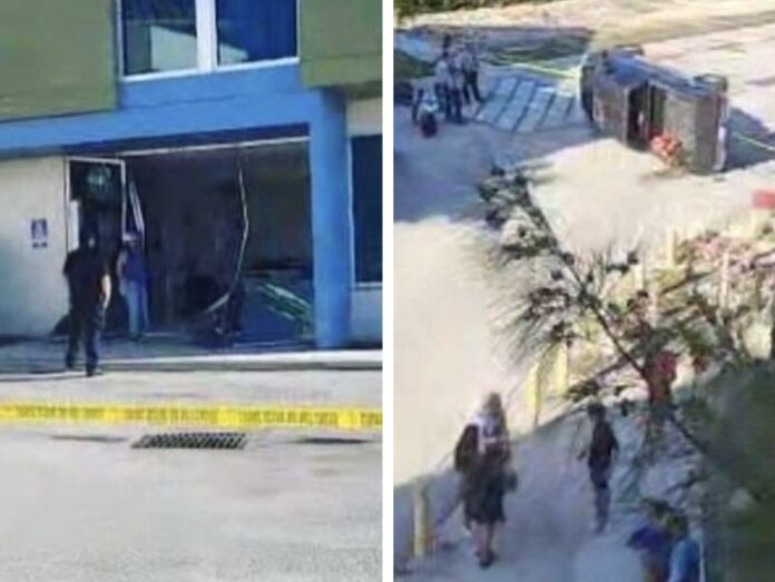 two images of a building and a police car